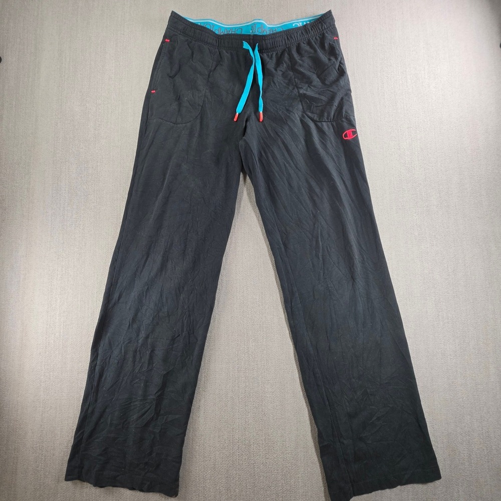 Champion Sweatpants Women Medium Black Teal Drawstring Straight Leg Athletic
